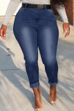 Medium Blue Fashion Casual Patchwork High Waist Skinny Denim Jeans (Without Belt)