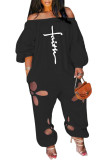 Black Fashion Casual Print Hollowed Out Backless Off the Shoulder Regular Jumpsuits