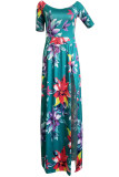 Green Sexy Print Patchwork Slit Off the Shoulder Straight Dresses