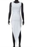 White Fashion Sexy Solid Asymmetrical V Neck Sleeveless Dress