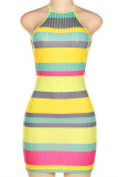 Yellow Fashion Sexy Striped Print Backless O Neck Sling Dress