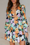 Multicolor Sexy Print Hollowed Out Patchwork V Neck A Line Dresses