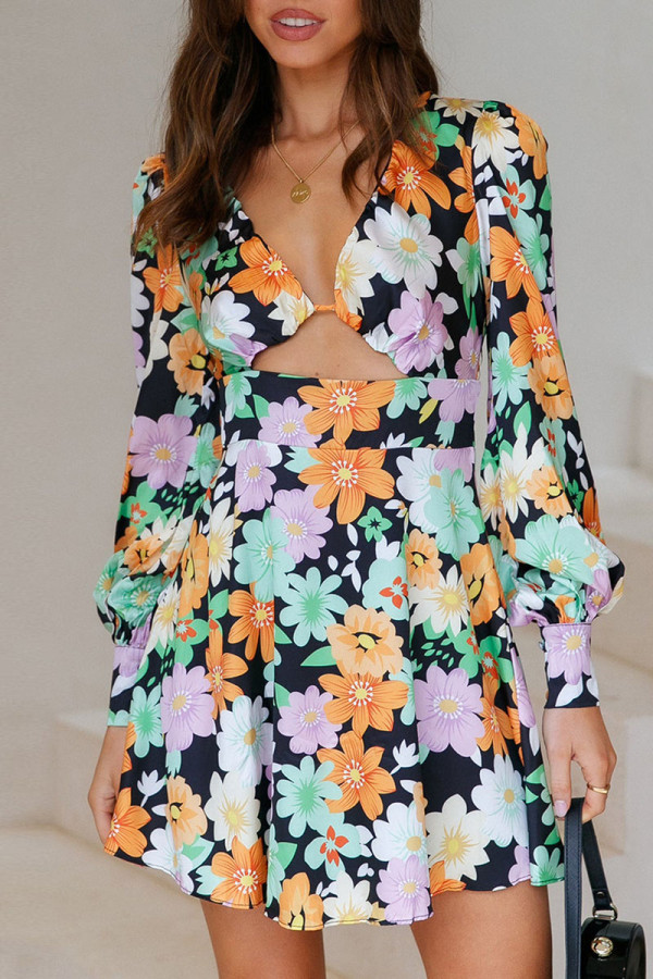 Multicolor Sexy Print Hollowed Out Patchwork V Neck A Line Dresses