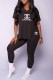 Black Fashion Casual Print Letter V Neck Short Sleeve Two Pieces