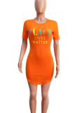 Tangerine Red Casual Print Patchwork O Neck One Step Skirt Dresses