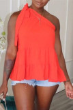 Tangerine Red Sexy Casual Solid Bandage Backless Oblique Collar Tops