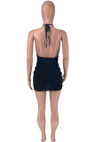 Blue Fashion Sexy Solid Bandage Backless Halter Sleeveless Dress