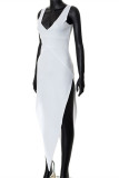 White Fashion Sexy Solid Asymmetrical V Neck Sleeveless Dress