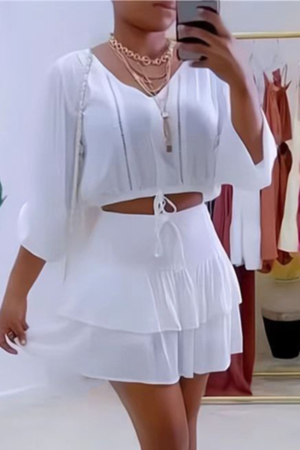 White Fashion Casual Solid Patchwork V Neck Three Quarter Two Pieces