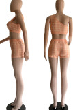 Orange Sexy Plaid Print Patchwork Oblique Collar Two Pieces