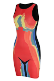 Red Sexy Print Patchwork O Neck Pencil Skirt Dresses