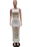 Black Fashion Sexy Casual Solid Ripped Hollowed Out O Neck Sleeveless Dress Dresses