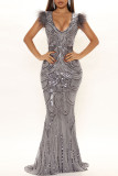 Silver Elegant Solid Sequins Patchwork Feathers Evening Dress Dresses