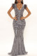 Silver Elegant Solid Sequins Patchwork Feathers Evening Dress Dresses