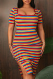 Multicolor Fashion Casual Striped Print Slit Square Collar Short Sleeve Dress
