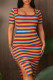 Multicolor Fashion Casual Striped Print Slit Square Collar Short Sleeve Dress