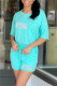 Light Blue Fashion Casual Letter Print Patchwork O Neck Short Sleeve Two Pieces