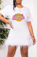 White Fashion Casual Letter Print Patchwork Feathers O Neck Short Sleeve Dress