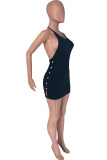 Blue Fashion Sexy Solid Bandage Backless Halter Sleeveless Dress