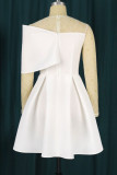 White Elegant Solid Draw String O Neck Evening Dress Dresses