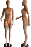 Orange Sexy Plaid Print Patchwork Oblique Collar Two Pieces