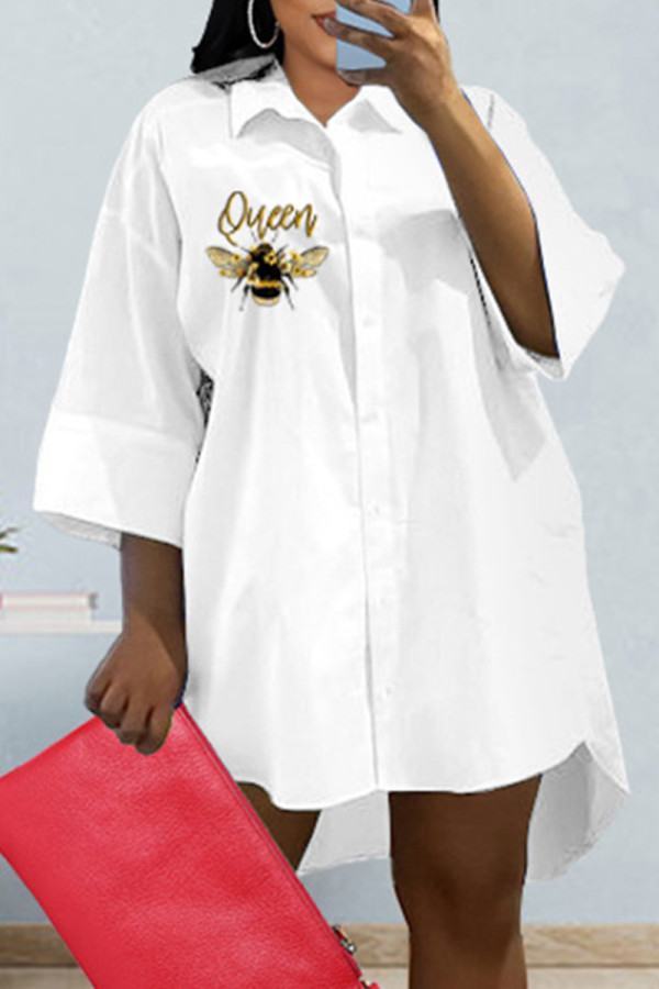 White Fashion Casual Print Patchwork Turndown Collar Shirt Dress