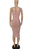 Pink Sexy Solid Hollowed Out Patchwork Slit Oblique Collar Pencil Skirt Dresses