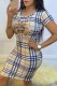 Khaki Fashion Casual Plaid Letter O Neck One Step Skirt Dresses