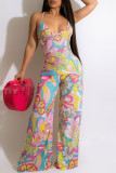 Pink Sexy Print Patchwork Backless Spaghetti Strap Straight Jumpsuits
