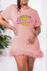 Pink Fashion Casual Letter Print Patchwork Feathers O Neck Short Sleeve Dress