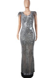 Silver Elegant Solid Sequins Patchwork Feathers Evening Dress Dresses