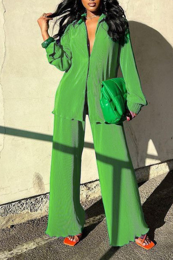 Green Casual Solid Patchwork Buckle Turndown Collar Long Sleeve Two Pieces
