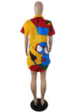 Orange Fashion Casual Not Positioning Printed Patchwork Turndown Collar Shirt Short Sleeve Dress