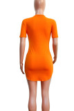 Tangerine Red Casual Print Patchwork O Neck One Step Skirt Dresses