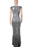 Silver Elegant Solid Sequins Patchwork Feathers Evening Dress Dresses