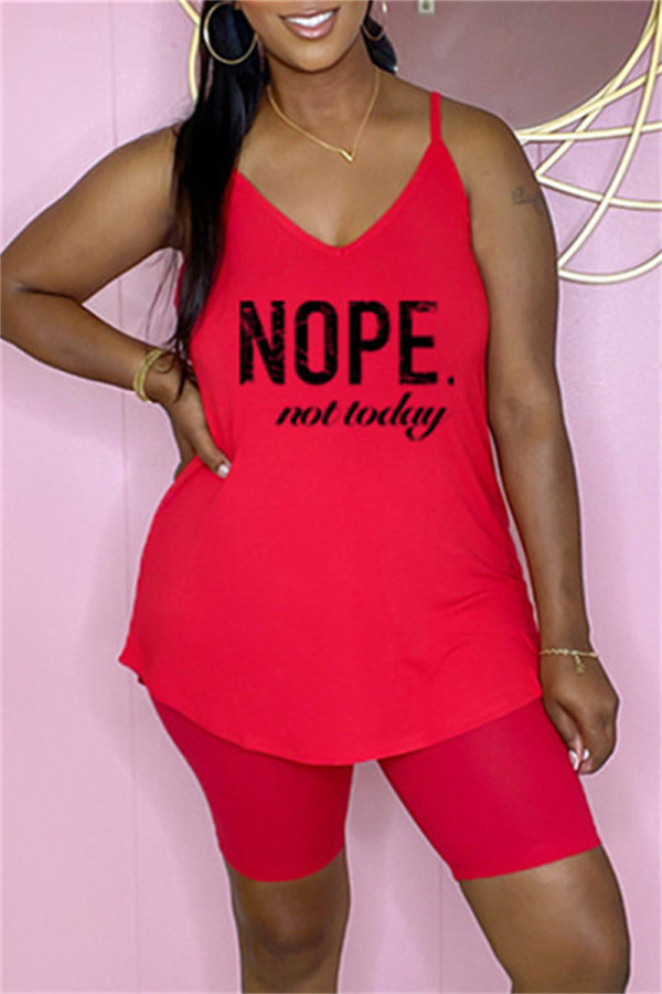 Red Fashion Casual Letter Print Basic Spaghetti Strap Sleeveless Two Pieces