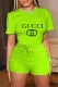 Fluorescent Green Fashion Casual Print Letter O Neck Short Sleeve Two Pieces