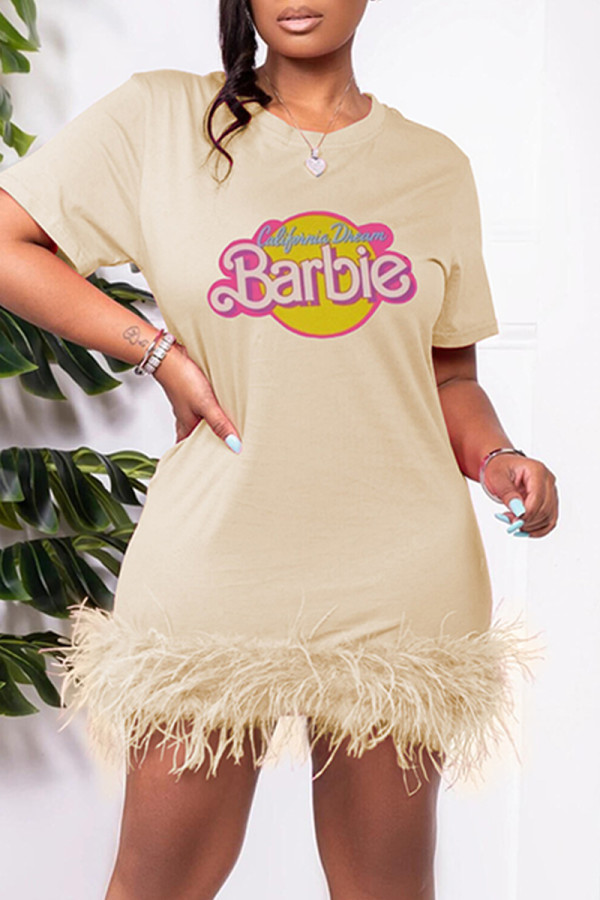 Khaki Fashion Casual Letter Print Patchwork Feathers O Neck Short Sleeve Dress