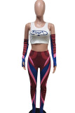 Red Blue Casual Street Print Patchwork O Neck Long Sleeve Two Pieces