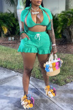 Green Fashion Sexy Casual Solid Patchwork Short Sleeve Three-piece Set