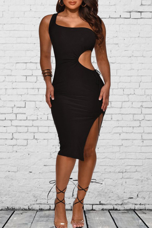 Black Sexy Solid Hollowed Out Patchwork Slit Oblique Collar Pencil Skirt Dresses