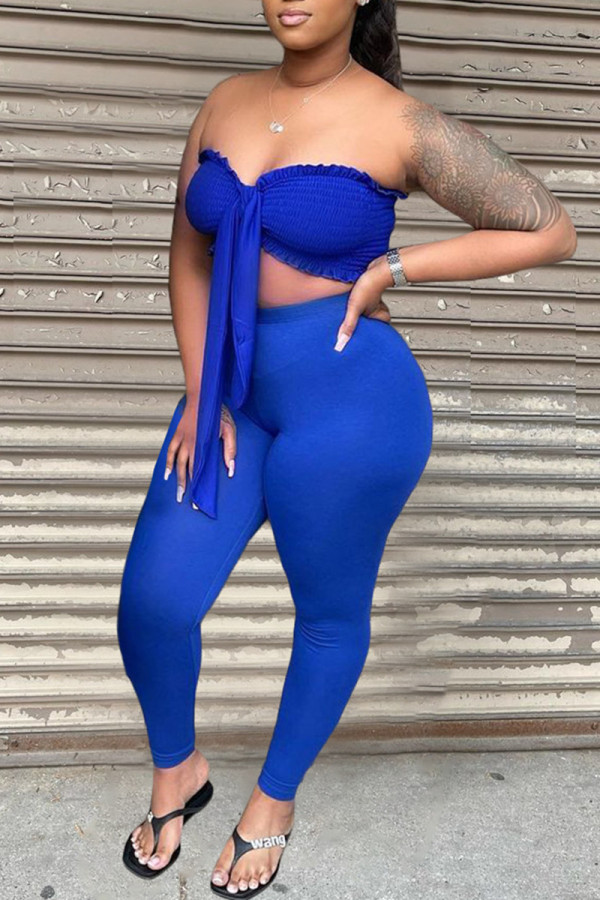 Blue Fashion Sexy Solid Backless Strapless Sleeveless Two Pieces