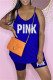 Blue Fashion Casual Letter Print Backless V Neck Sleeveless Two Pieces