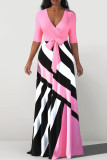 Pink Casual Print Bandage Patchwork V Neck Straight Dresses