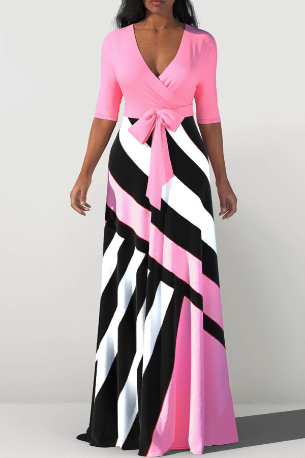 Pink Casual Print Bandage Patchwork V Neck Straight Dresses