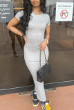 Grey Fashion Casual Solid Patchwork O Neck Short Sleeve Dress