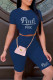 Tibetan Blue Fashion Casual Letter Hot Drilling Patchwork O Neck Short Sleeve Two Pieces