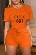 Orange Fashion Casual Print Letter O Neck Short Sleeve Two Pieces