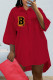 Red Fashion Casual Letter Print Patchwork Turndown Collar Shirt Dress Dresses