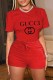 Red Fashion Casual Print Letter O Neck Short Sleeve Two Pieces